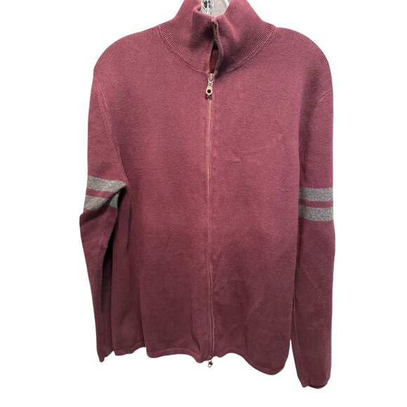 Gap Mens Full-Zip Burgundy Sweater With Gray Stripes On Sleeves - Picture 6 of 12